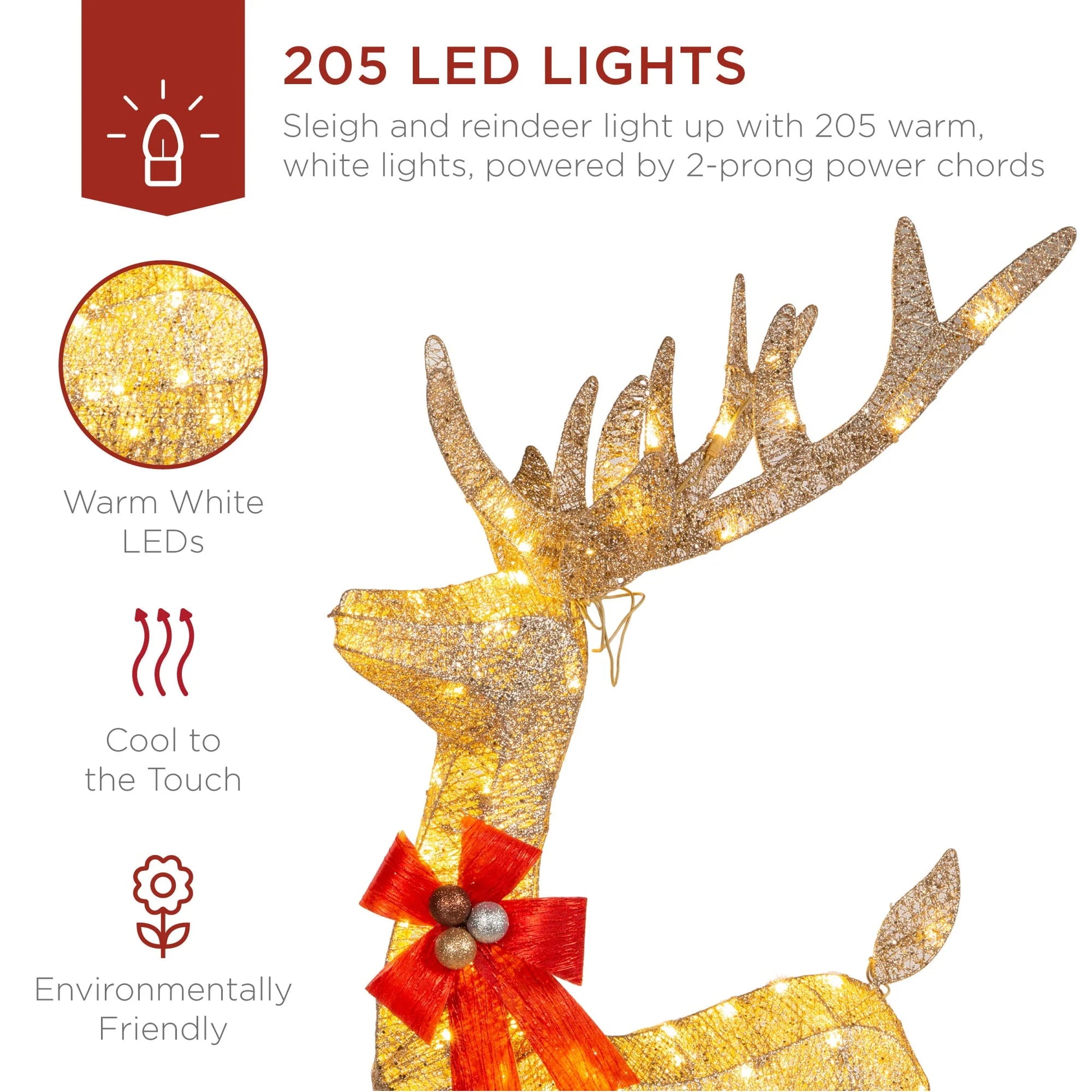 Best Choice Products Lighted Christmas 4ft Reindeer & Sleigh Outdoor Yard Decoration Set w/205 LED Lights, Stakes