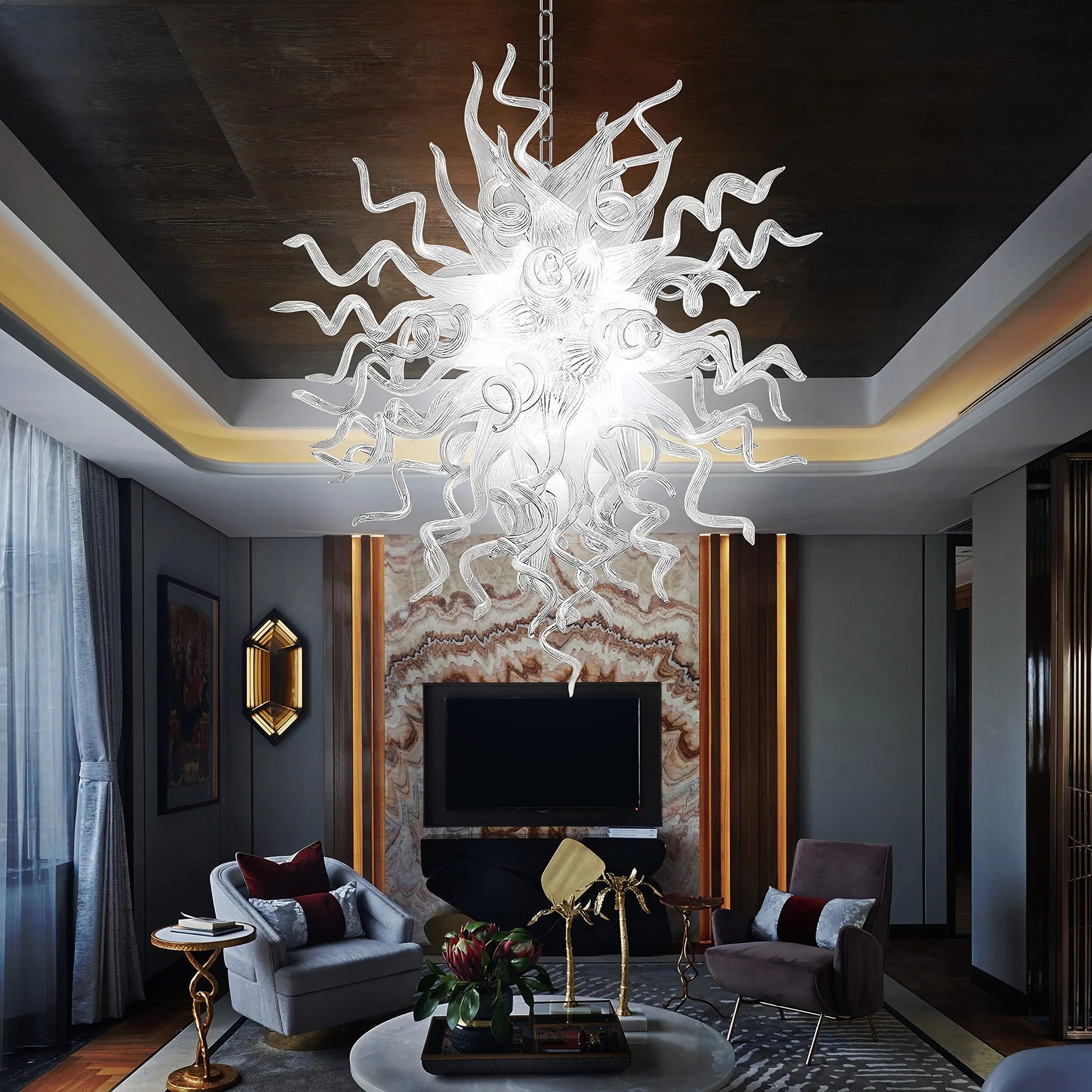 Longree Luxury Chandeliers Modern Hand Blown Glass Art Chandelier Ceiling Light Hanging Pendant Chandelier Light Fixture Decoration for Bedroom Indoor Lighting Living Room (Customizable Size & Color)
