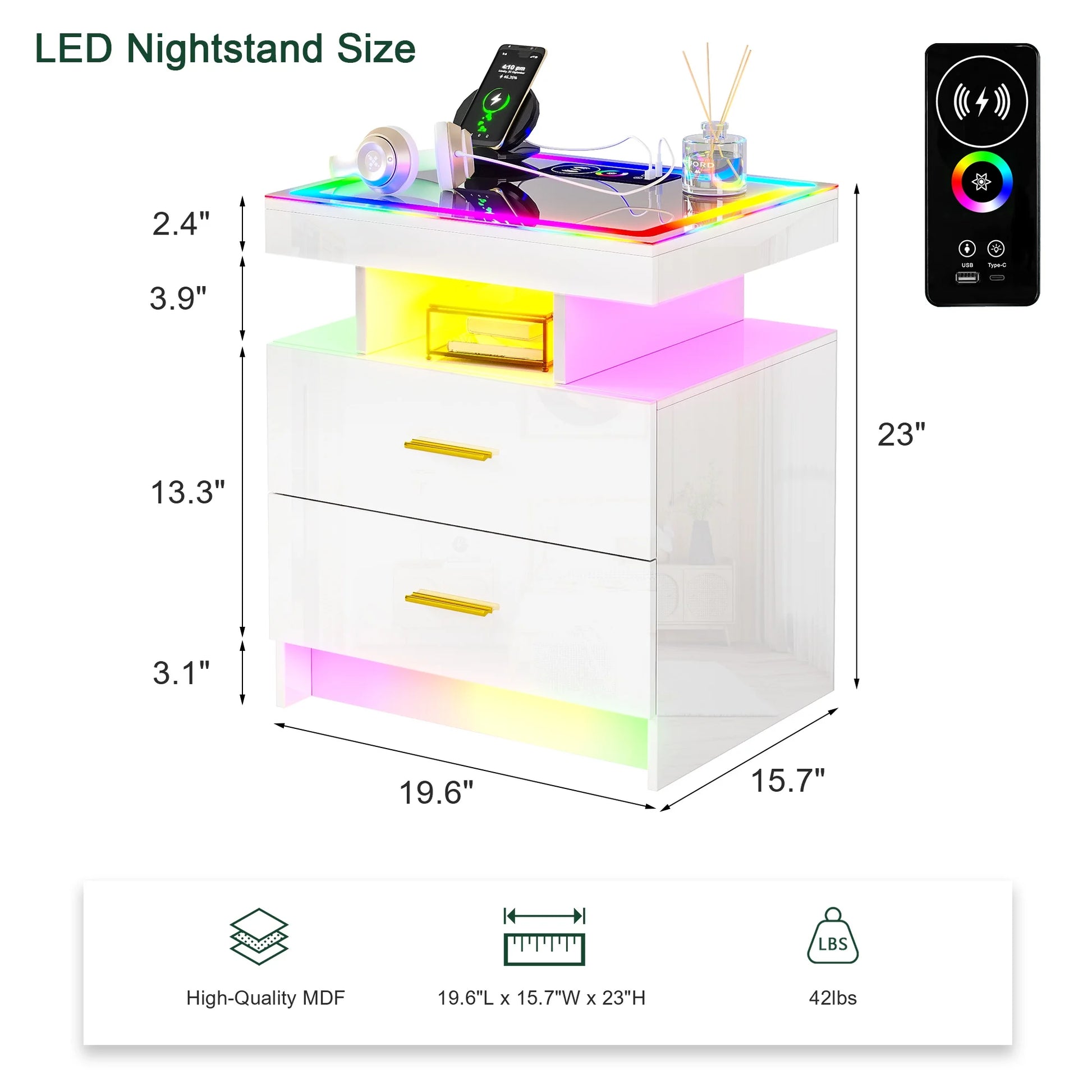 HNEBC RGB LED Nightstand with Wireless Charging Station & USB Ports, High Gloss Smart Night Stand with Drawer and Dynamic Lighting, Modern Bedside Tables for Bedroom, End Table