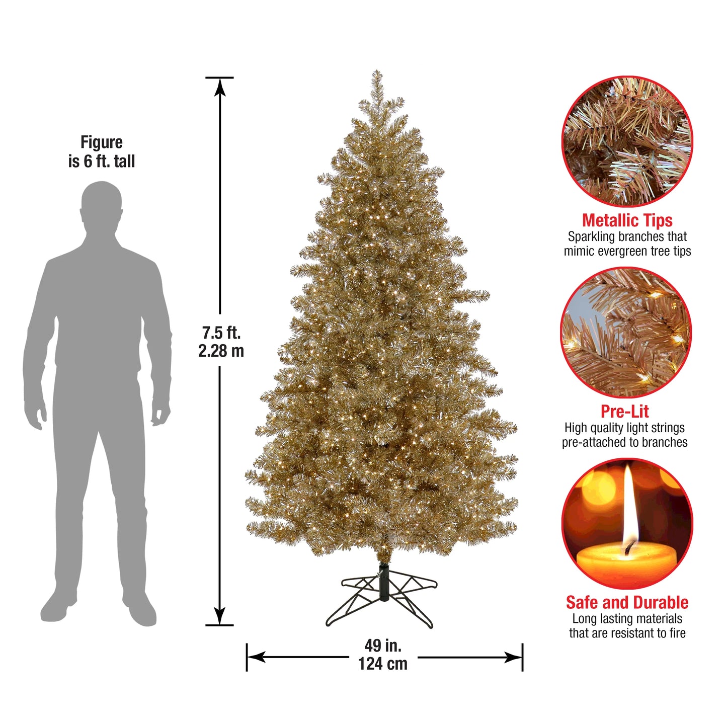National Tree Company Pre-Lit Artificial Christmas Tree, Platinum, Tinsel, 1250 Warm White LED Rice Lights, Includes Stand, 7.5 Feet