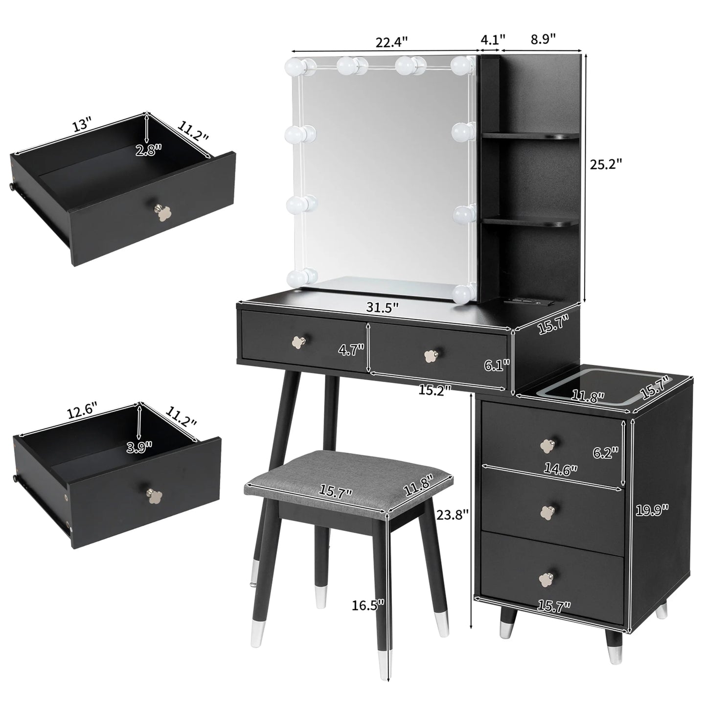 Vanity Set with Stool, Black Vanity Desk with Mirror, 5 Drawers and 2-Layer Shelves, LED Three-Tone Lighting, Particle Board With Triamine Coating, Solid Wood Legs With Copper Sheath Decoration