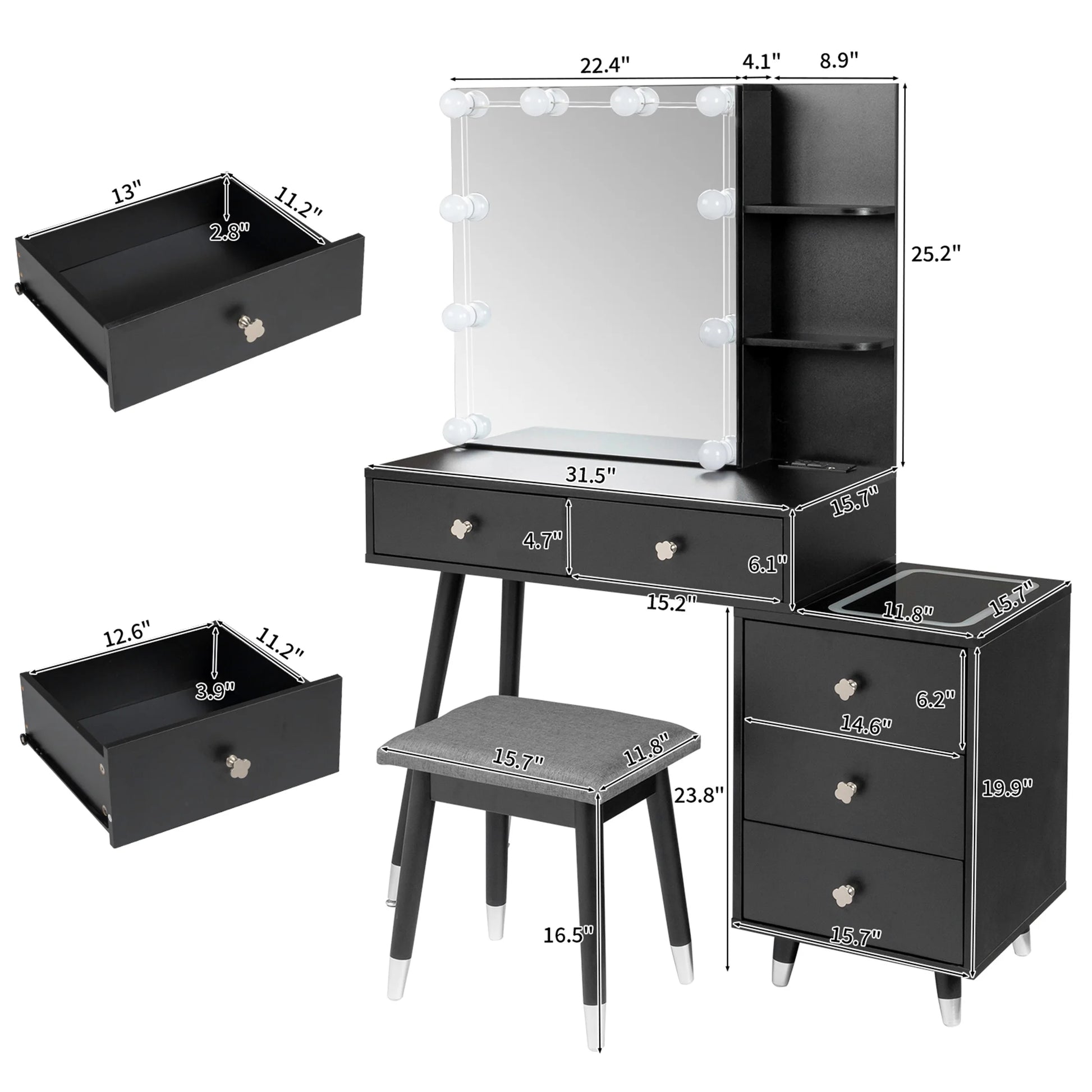 Vanity Set with Stool, Black Vanity Desk with Mirror, 5 Drawers and 2-Layer Shelves, LED Three-Tone Lighting, Particle Board With Triamine Coating, Solid Wood Legs With Copper Sheath Decoration