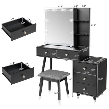 Vanity Set with Stool, Black Vanity Desk with Mirror, 5 Drawers and 2-Layer Shelves, LED Three-Tone Lighting, Particle Board With Triamine Coating, Solid Wood Legs With Copper Sheath Decoration