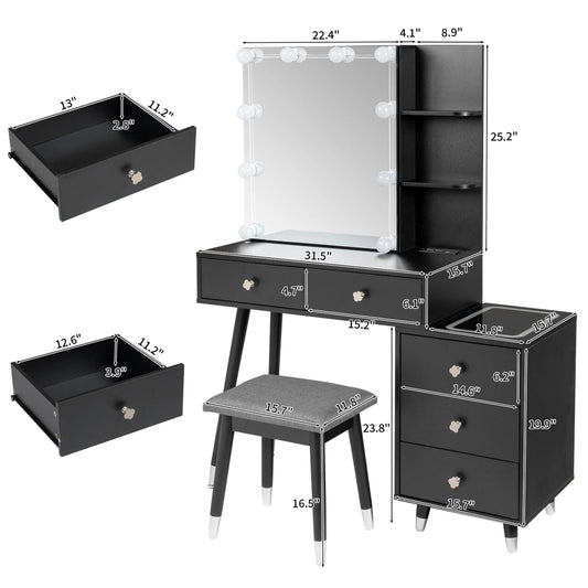 Vanity Set with Stool, Black Vanity Desk with Mirror, 5 Drawers and 2-Layer Shelves, LED Three-Tone Lighting, Particle Board With Triamine Coating, Solid Wood Legs With Copper Sheath Decoration