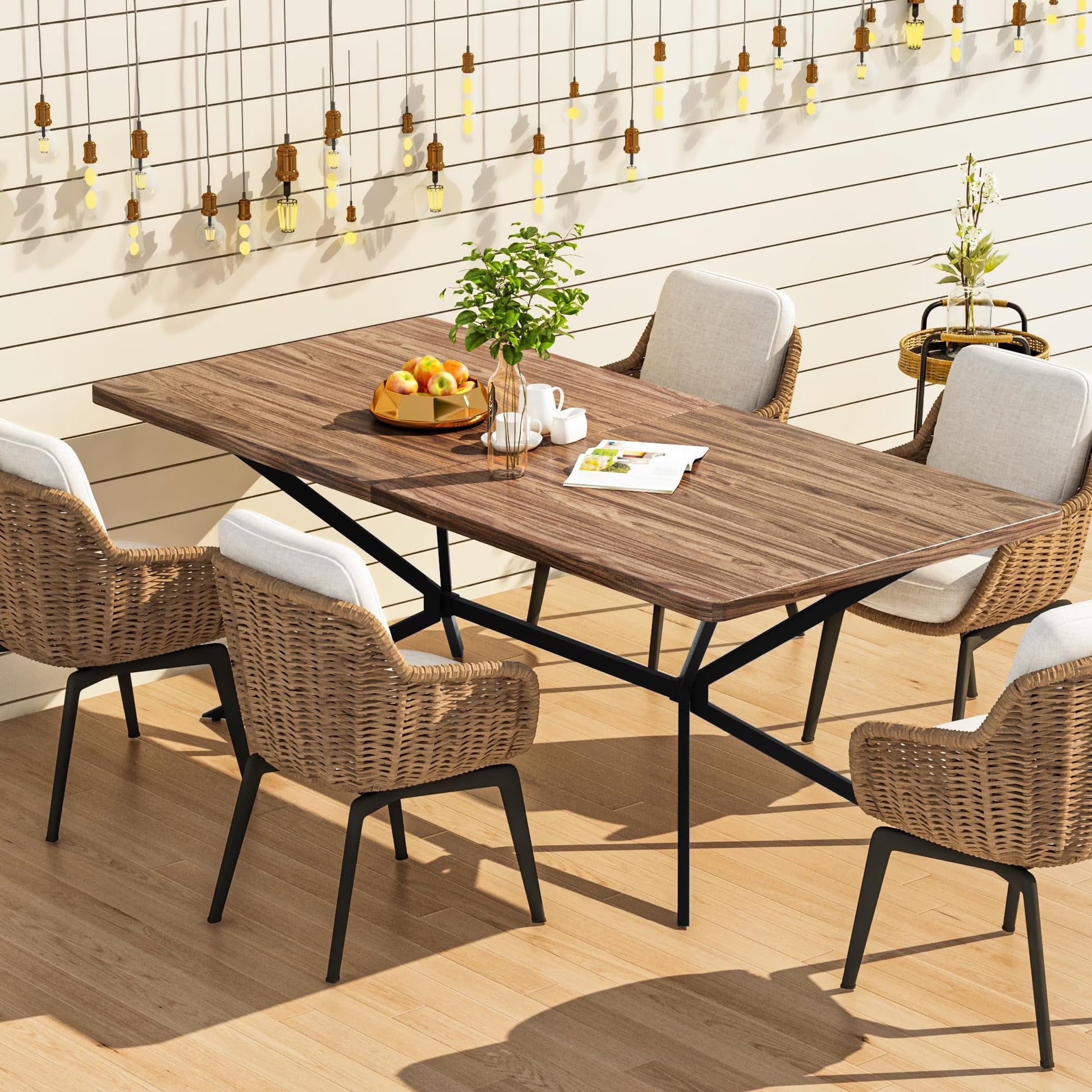 Baxluxe Mid Century Modern Dining Table 70.8 Inch, 6-8 Person Rectangular Kitchen Table with X-Shaped Metal Legs, Wooden Surface Coffee Tables for Living Room, Dining Room, Breakfast Nook, Brown