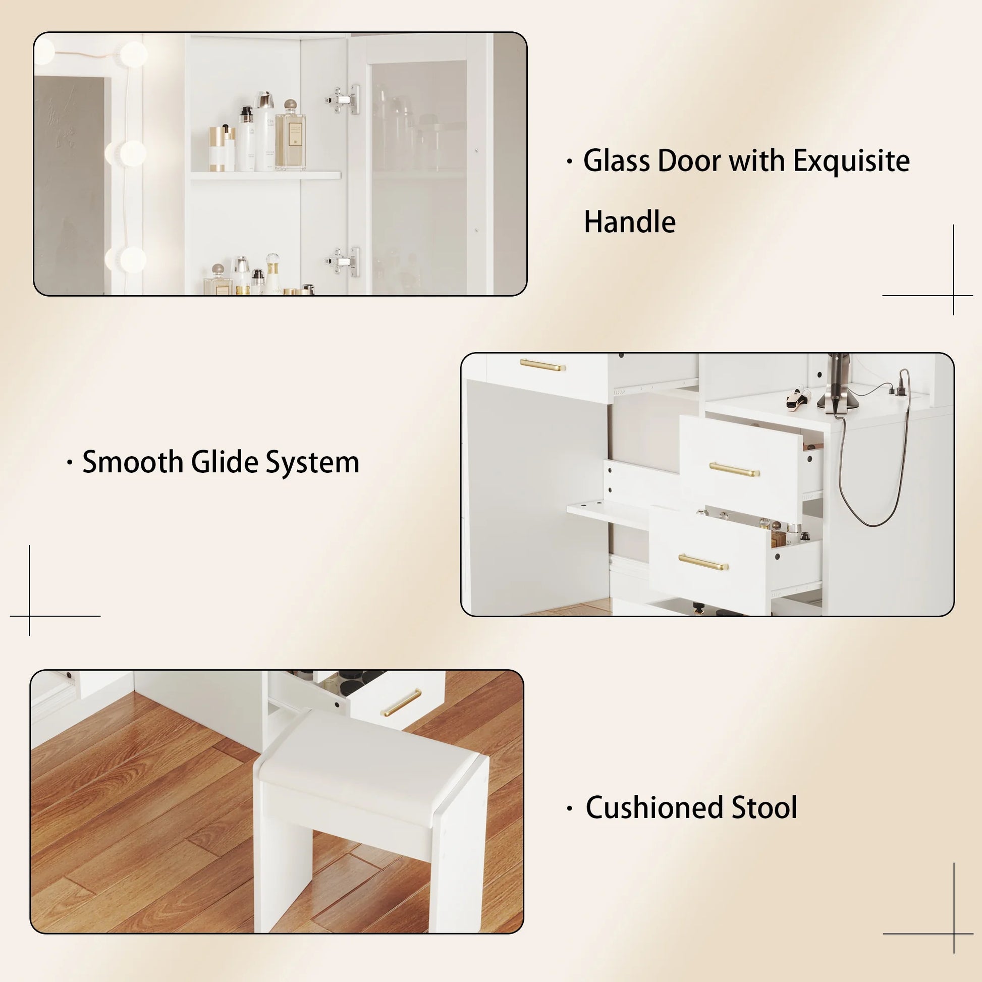 UGTOO 58.3" White Vanity Desk with Mirror, Adjustable Lighting, Power Outlet, Drawers, with Stool