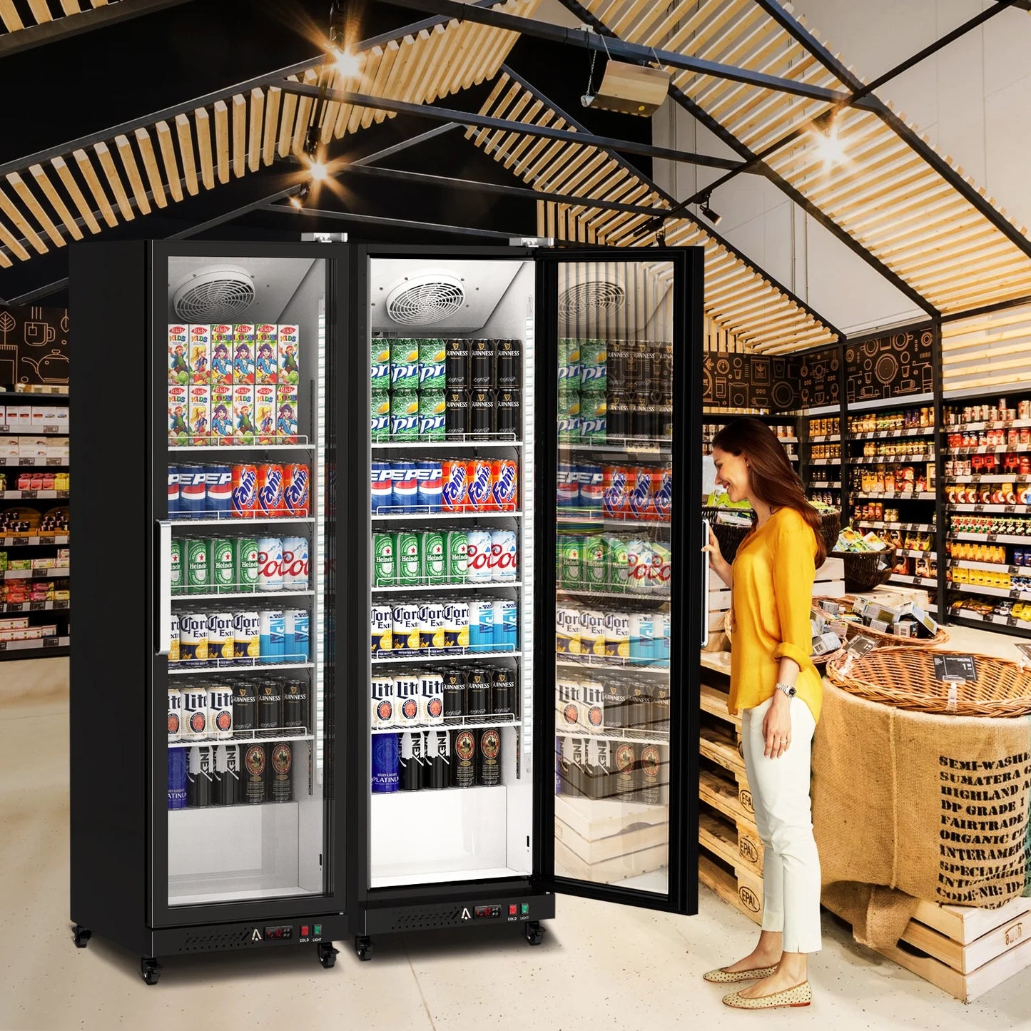Garvee Commercial Refrigerator,12.4 Cu.ft Display Fridge Merchandiser Upright Beverage Cooler,Single Glass Door Fridge with Adjustable Shelves & LED Lighting,Black