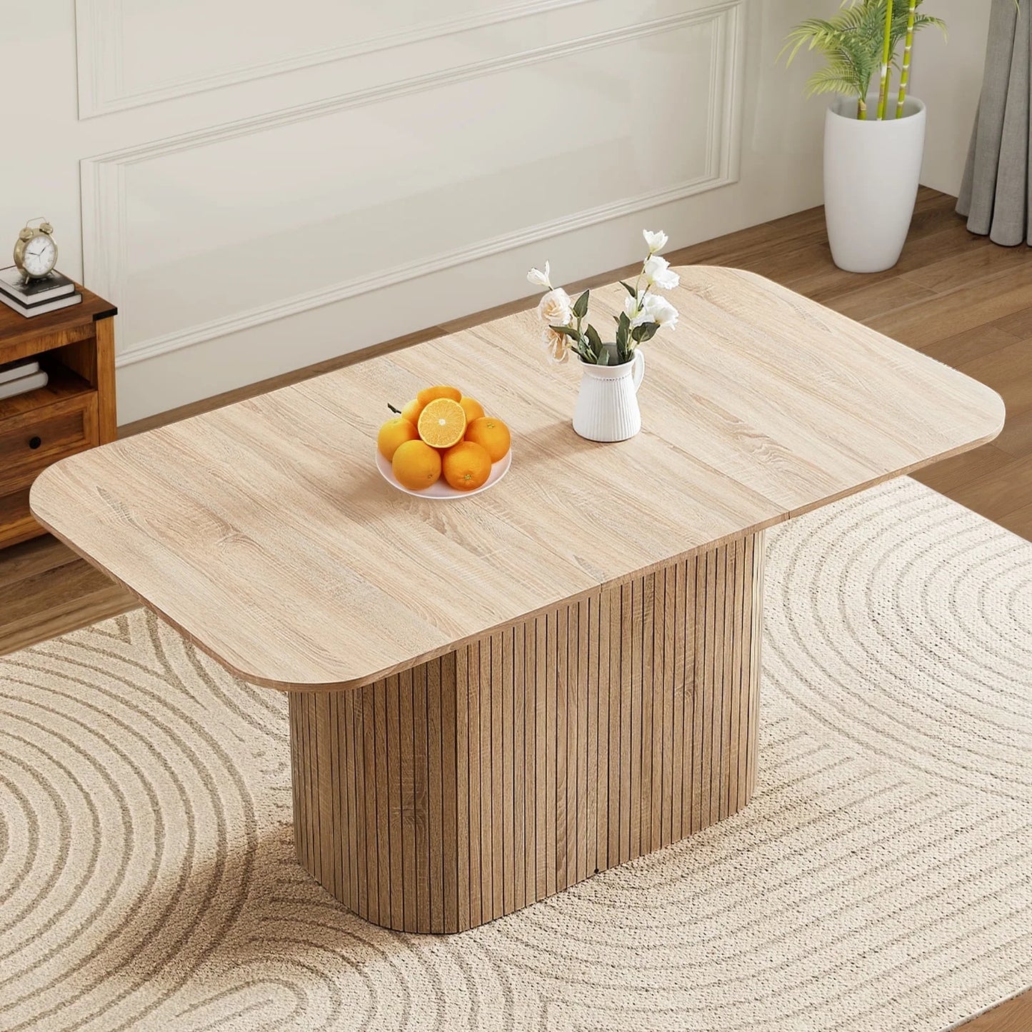 HJhomeheart 63" Rectangle Dining Table for 4 6 Person, Rounded Corners, Wood Strip Pedestal Base, Rustic Farmhouse Modern Breakfast Dinner Kitchen Table