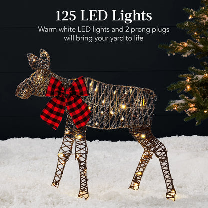 Best Choice Products 4ft 2-Piece Lighted 2D Christmas Moose Set Outdoor Decor w/125 LED Lights, Stakes - Rattan
