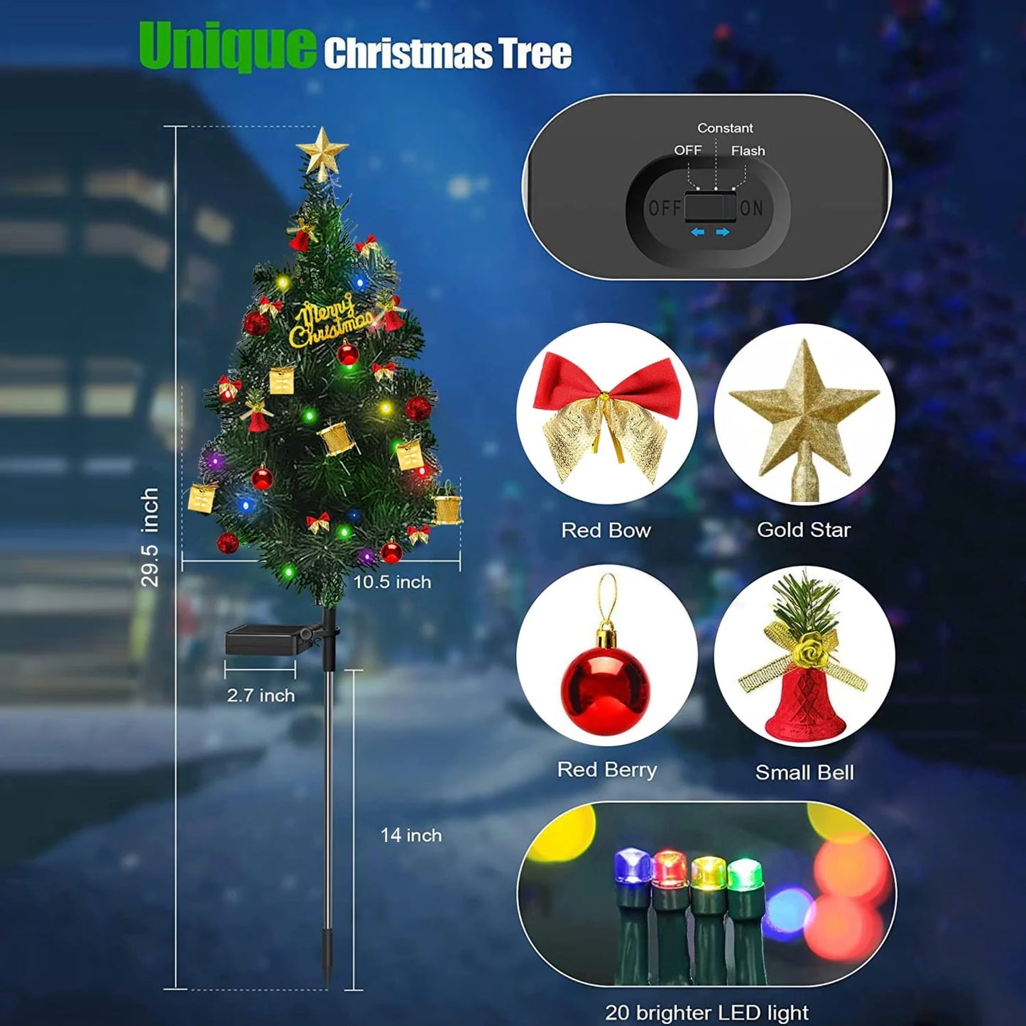 2 Pack Mini Christmas Tree with Lights Ornaments, 20LED-Lights Solar Powered Garden Stake Lights Xmas Tree