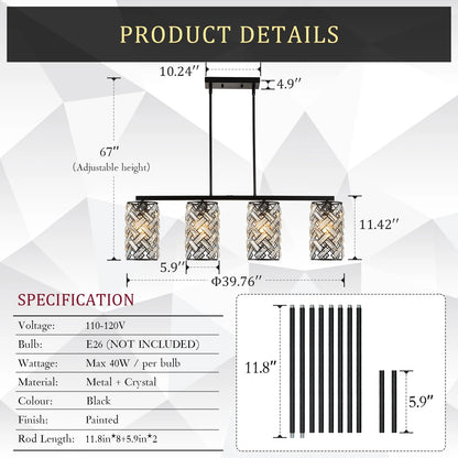 40" Crystal Kitchen Island Lighting 4 Lights Modern Black Linear Chandelier Dining Room Light Fixture Over Table Luxury Ceiling Pendant Light Fixture