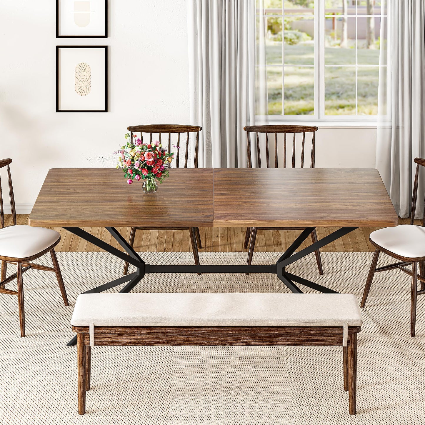 Baxluxe Mid Century Modern Dining Table 70.8 Inch, 6-8 Person Rectangular Kitchen Table with X-Shaped Metal Legs, Wooden Surface Coffee Tables for Living Room, Dining Room, Breakfast Nook, Brown