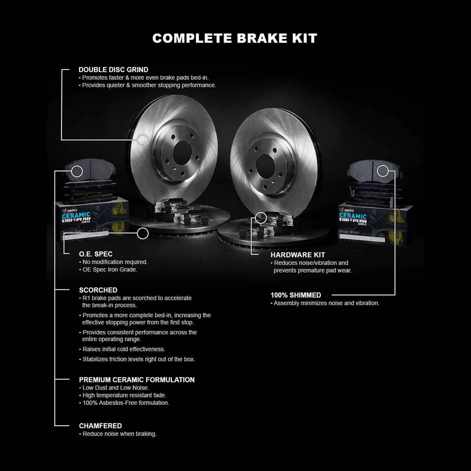 R1 Concepts Front Rear Brakes and Rotors Kit |Front Rear Brake pads| Brake Rotors and Pads| Euro Ceramic Brake Pads and Rotors| Hardware Kit WFTH2-31041