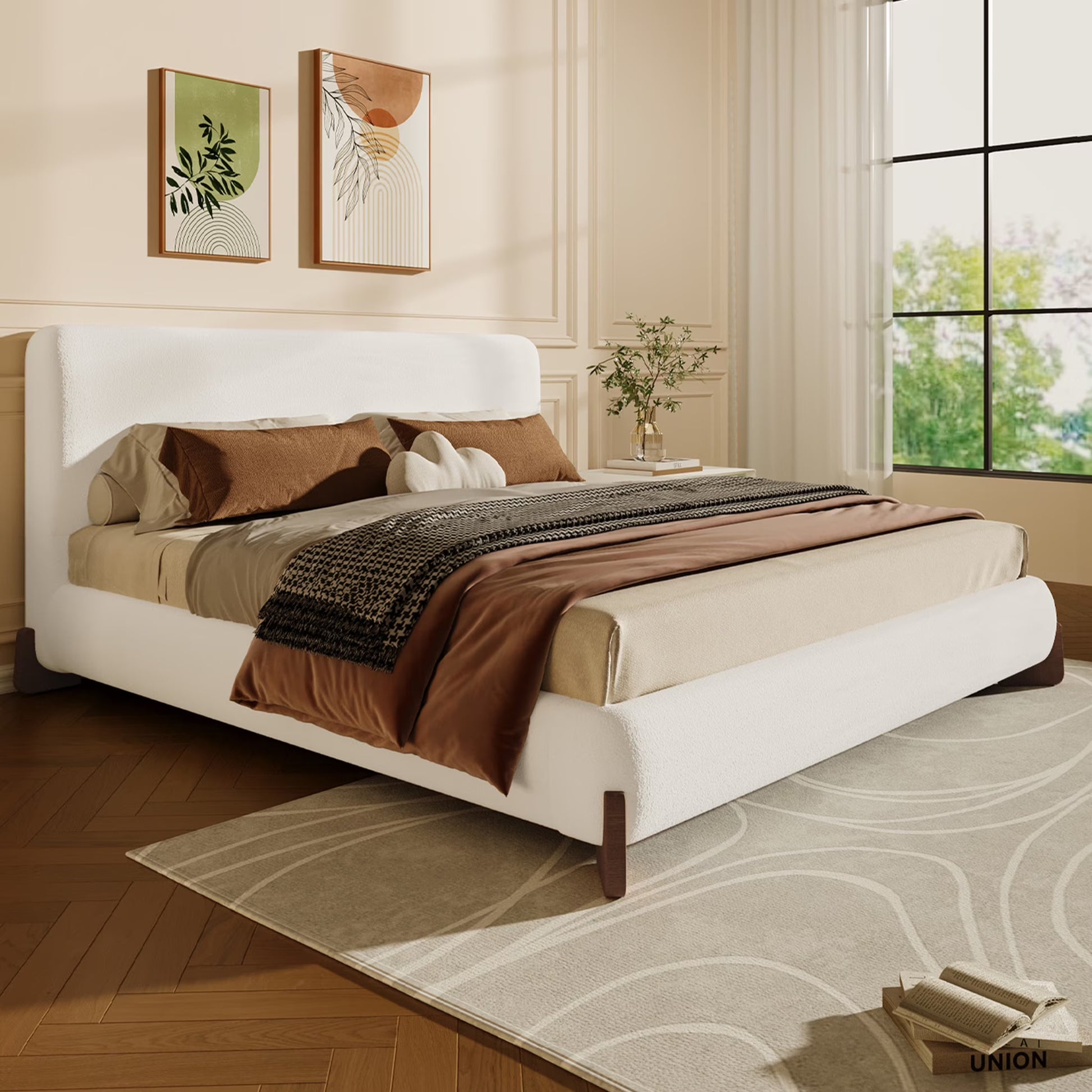 Christopher Knight Home Boucle Upholstered Queen Bed with Curved Wood legs, White