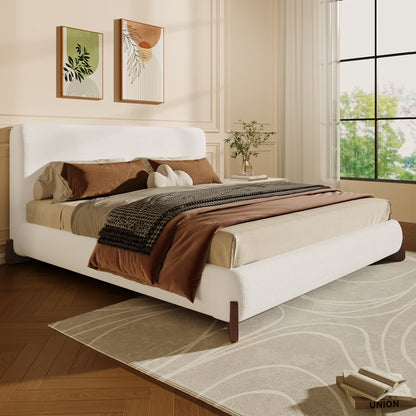 Christopher Knight Home Boucle Upholstered Queen Bed with Curved Wood legs, White