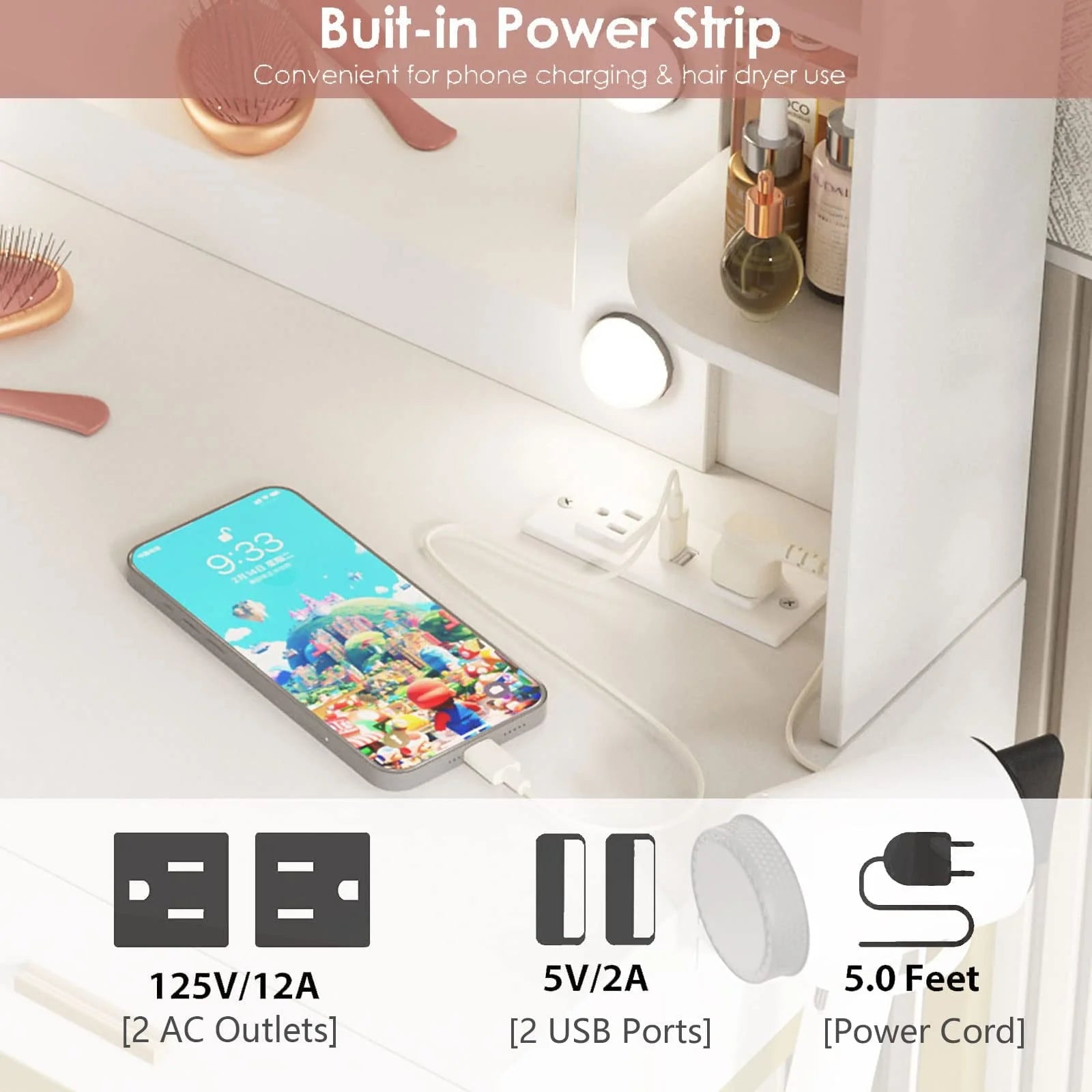 Makeup Vanity with Lighted Mirror & Power Strip, White Vanity Set Vanity Desk with Hair Dryer Holder, Modern Makeup Vanity 3 Lighting Colors, Brightness Adjustable, 35.5in(W)