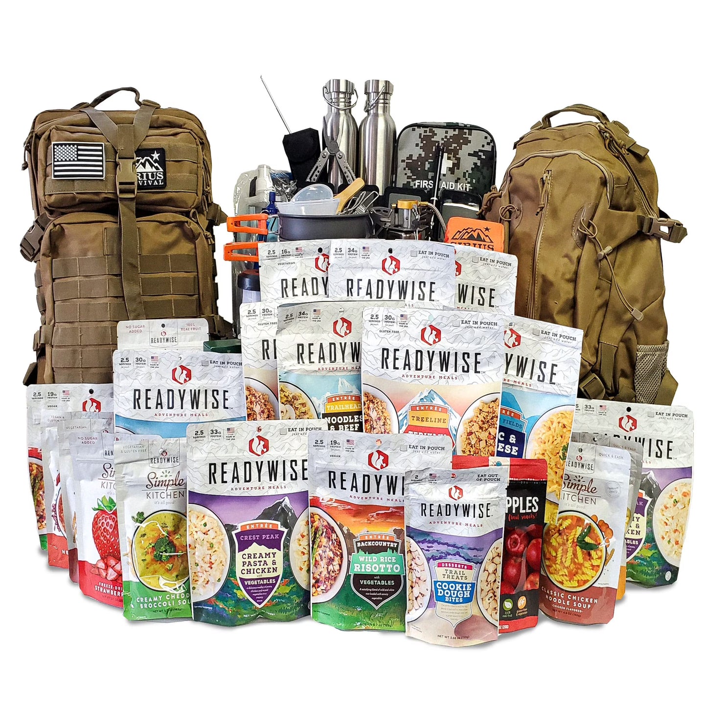 Family Comfort 72 Emergency Survival Kit/Backpack - 72 Hour for 2 People - Disaster Preparedness - Delicious ReadyWise Food, Gear, Lighting, First Aid, Tools & More - Camo