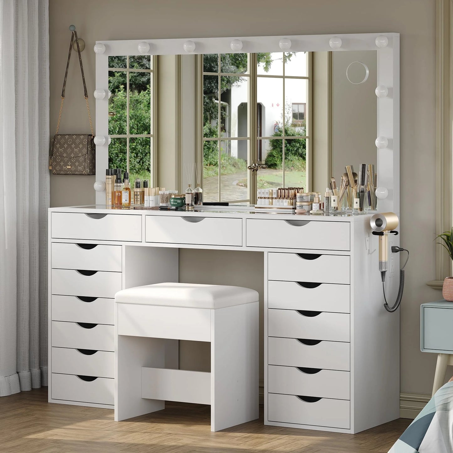 Yanosaku 15 Drawers Vanity Desk with Power Outlet, Makeup Table with Mirror and 13 LED Lights, 3 Color Lighting Modes, Brightness Adjustable, Glass Top Dressing Table, Vanity Set for Bedroom