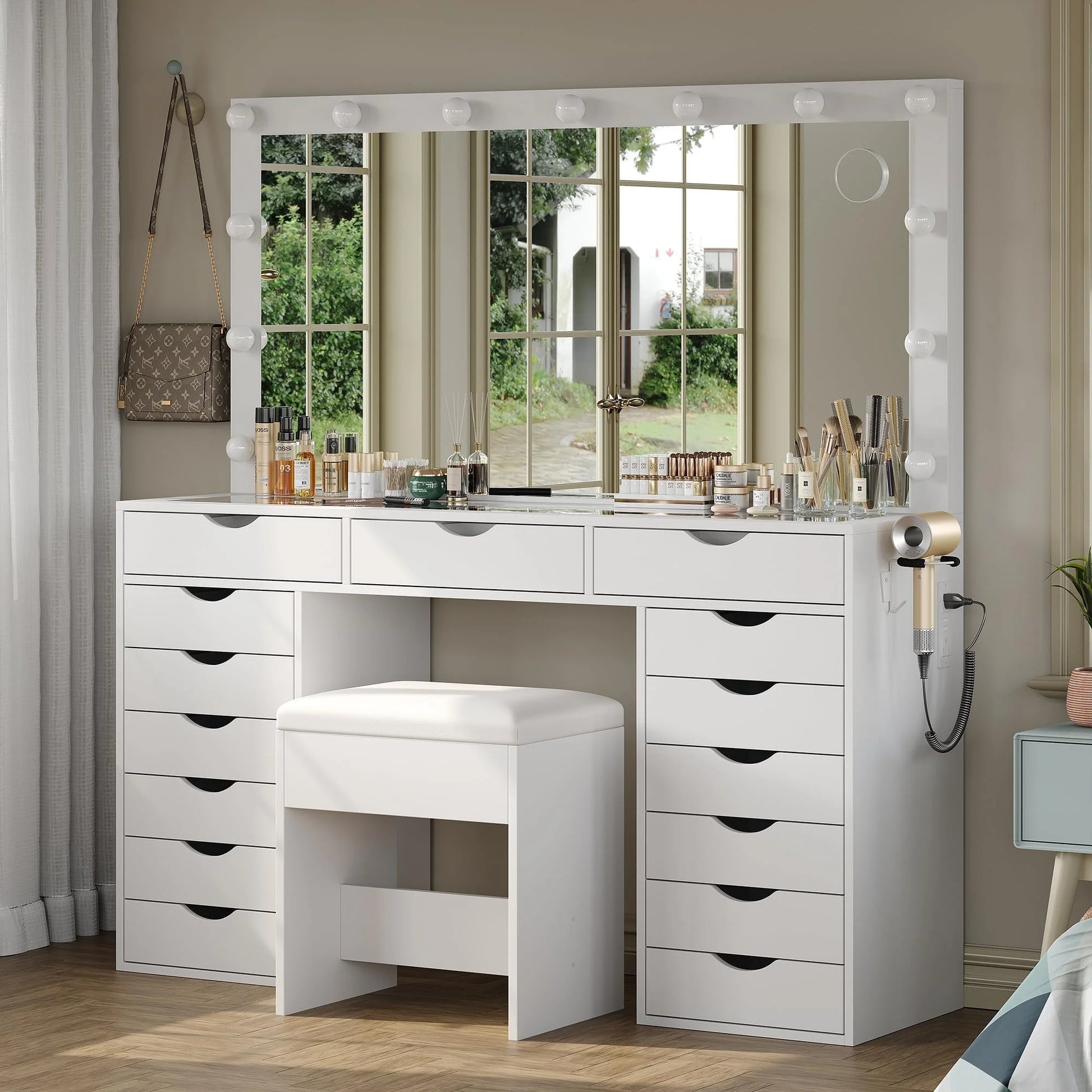 Yanosaku 15 Drawers Vanity Desk with Power Outlet, Makeup Table with Mirror and 13 LED Lights, 3 Color Lighting Modes, Brightness Adjustable, Glass Top Dressing Table, Vanity Set for Bedroom