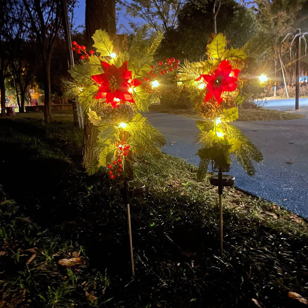 Solar Christmas Decorations Outdoor LED Lights, Xmas Waterproof Cross Stake, Cemetery Grave Decorations,Faux Pine Cones and Foliage Ornament Stakes for Garden Lawn Yard Cemetery, Set of 2