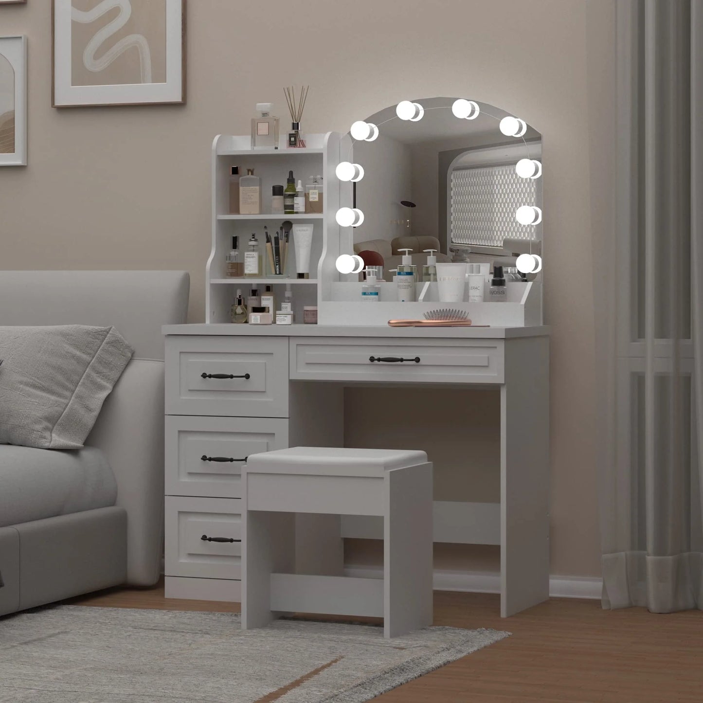 Veanerwood Makeup Vanity Desk with Lights and 4 Drawers, Modern Vanity Table Set, 3 Lighting Colors, 39.4in, White Finish