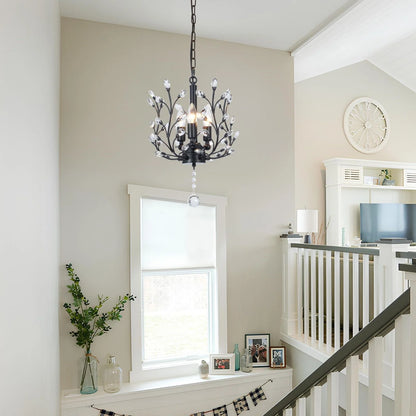 FINE MAKER 18-inch branch flower-shaped crystal chandelier, 3-head living room chandelier, bedroom study lighting fixture (black)