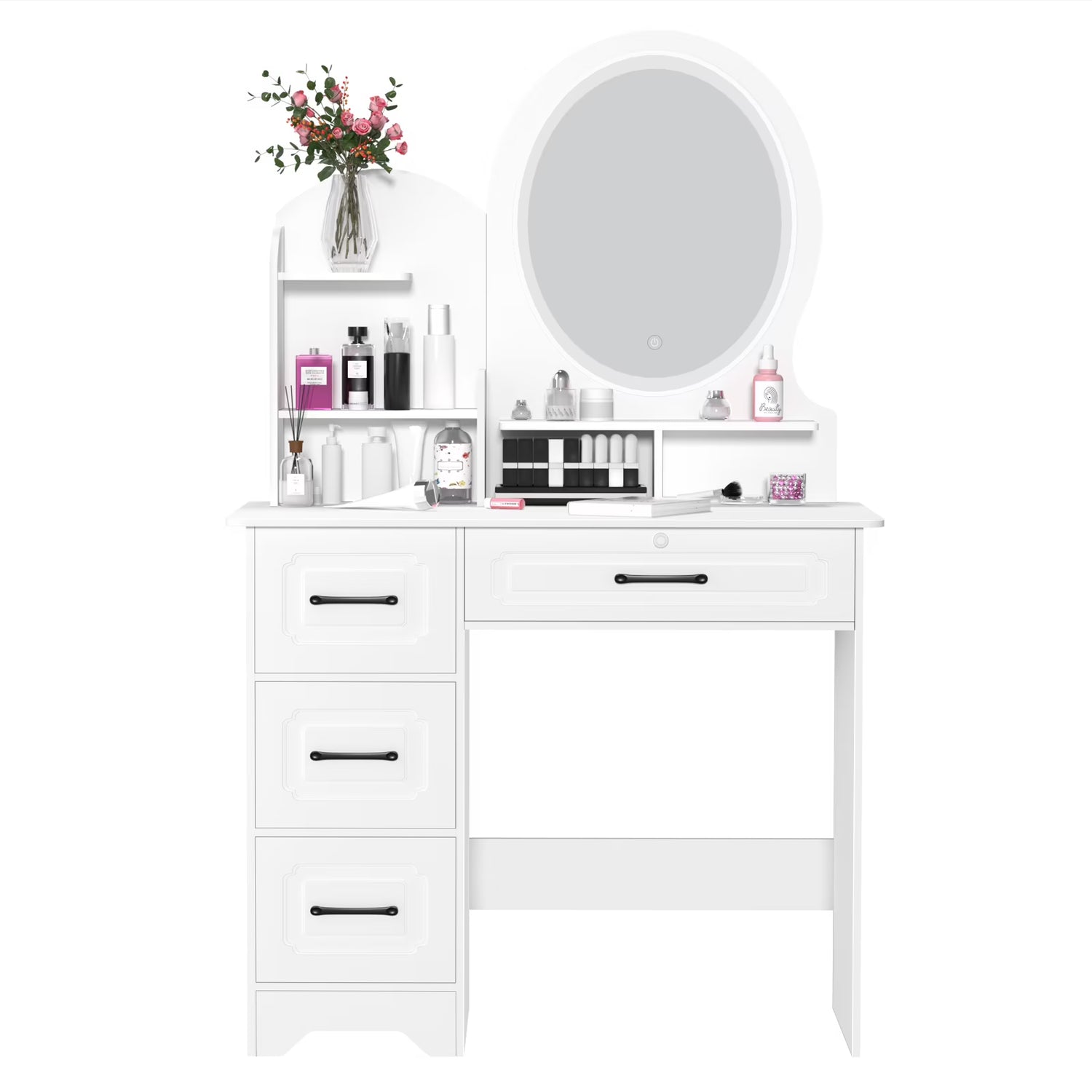Zksm Vanity Desk with 4 Drawers & Storage Shelves, Vanity Mirror with Lights, Makeup Vanity Table for Bedroom, 3 Lighting Colors, White