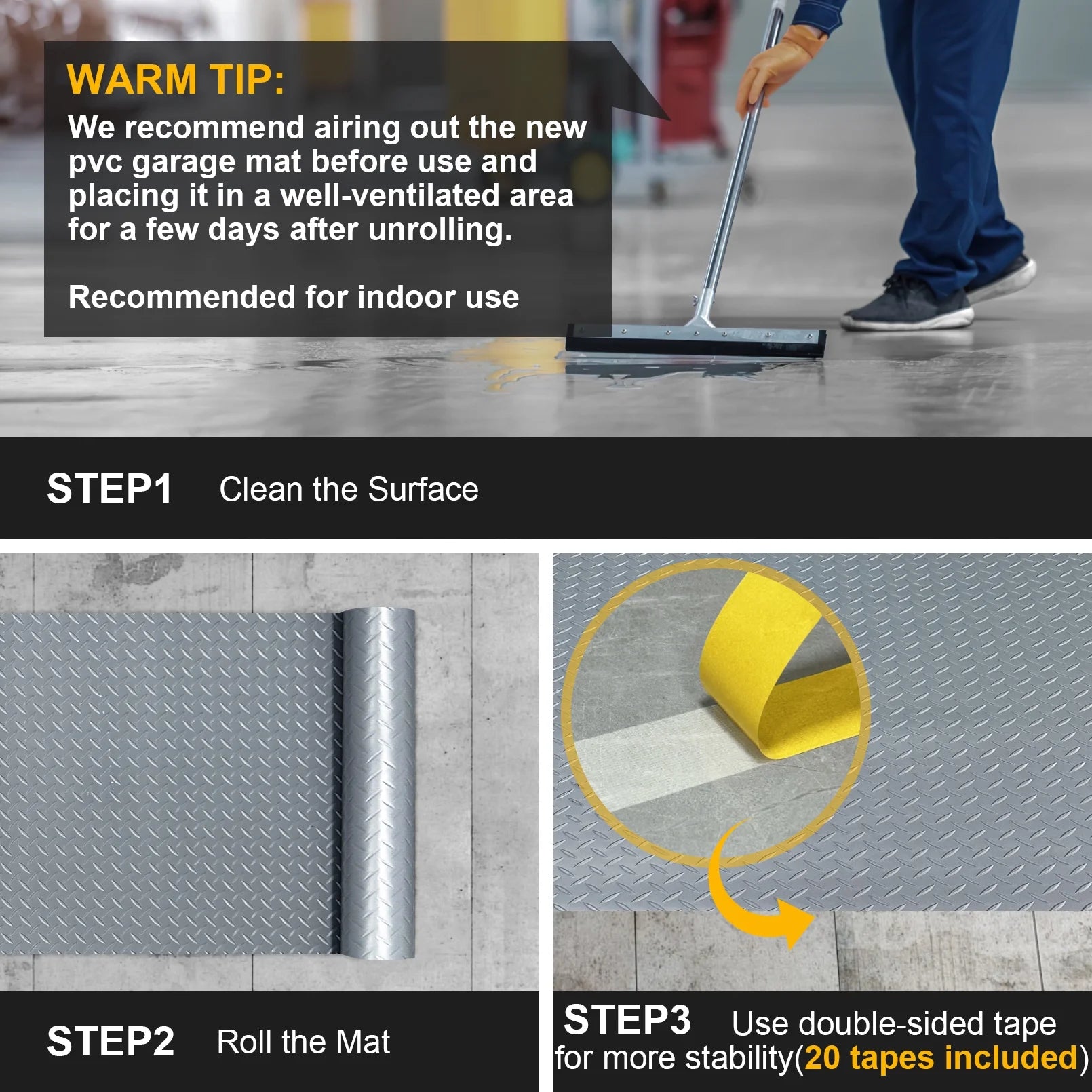 7.5x25 FT Garage Floor Mat, 2.8mm Thickened Flooring Roll for Under Car with 20Pcs Tapes, 188SQFT Diamond Plate, Non-Slip Floor Protector Mat for Garage, Warehouse, Gyms, Trailer
