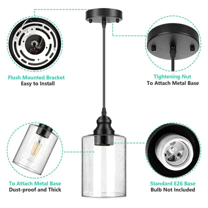 3 Pack Industrial Pendant Lights,Adjustable Hanging Light Fixtures,Seeded Glass Shade Pendant Lighting