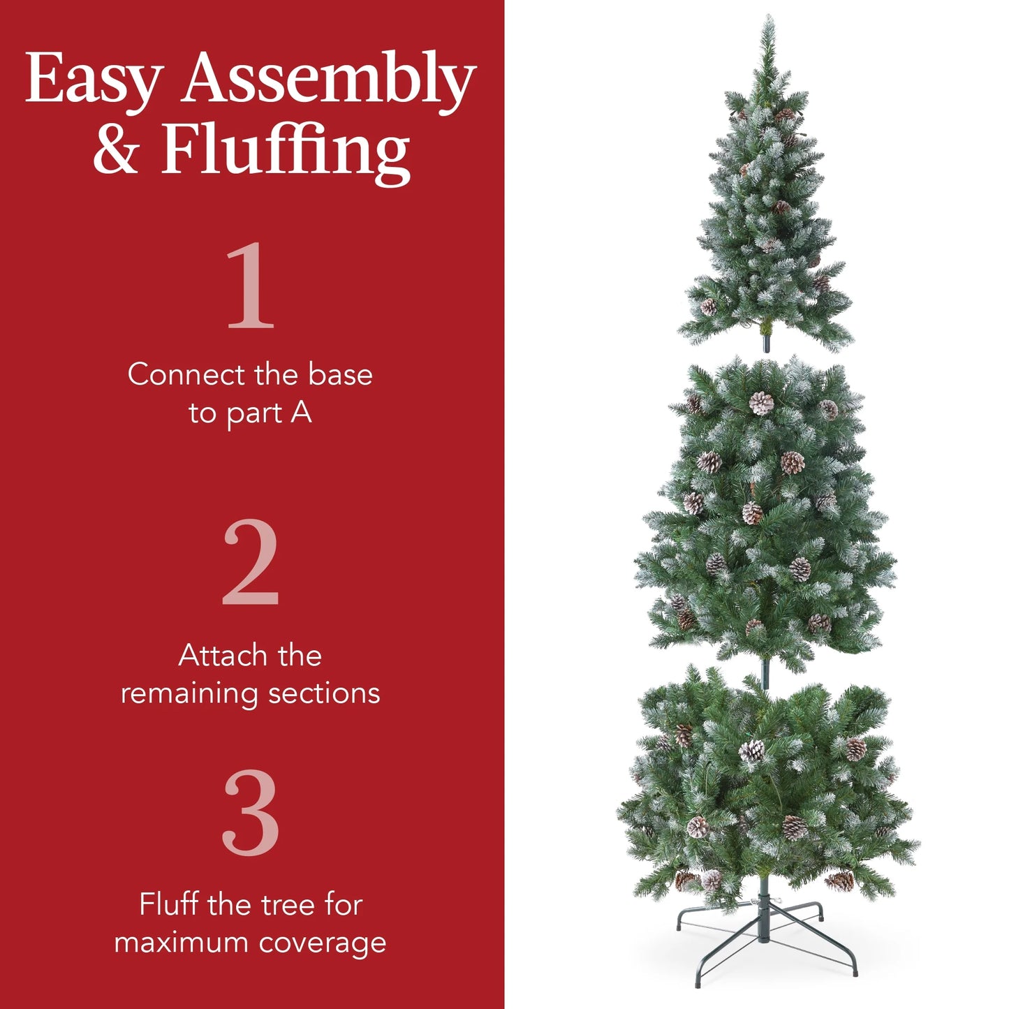 Best Choice Products 6ft Pre-Lit Partially Flocked Pencil Christmas Tree w/250 Lights, Pine Cones, Foldable Stand