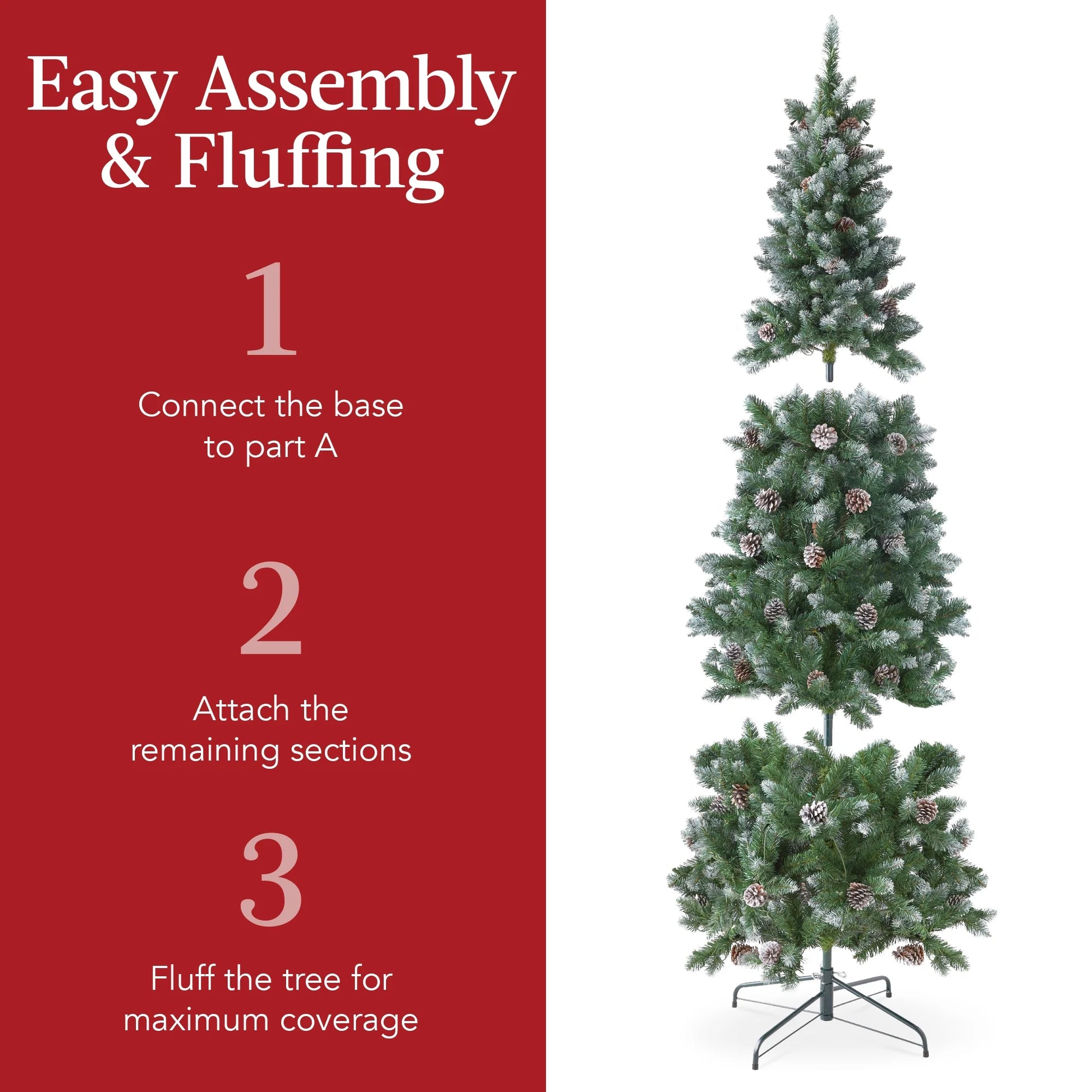 Best Choice Products 6ft Pre-Lit Partially Flocked Pencil Christmas Tree w/250 Lights, Pine Cones, Foldable Stand