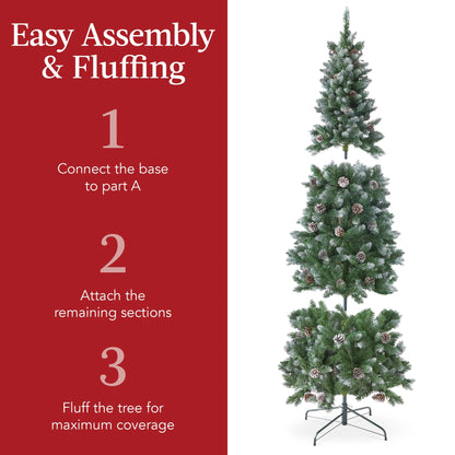 Best Choice Products 6ft Pre-Lit Partially Flocked Pencil Christmas Tree w/250 Lights, Pine Cones, Foldable Stand