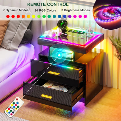 HNEBC RGB LED Nightstand with Wireless Charging Station & USB Ports, High Gloss Smart Night Stand with Drawer and Dynamic Lighting, Modern Bedside Tables for Bedroom, End Table