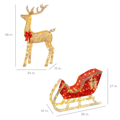 Best Choice Products Lighted Christmas 4ft Reindeer & Sleigh Outdoor Yard Decoration Set w/205 LED Lights, Stakes