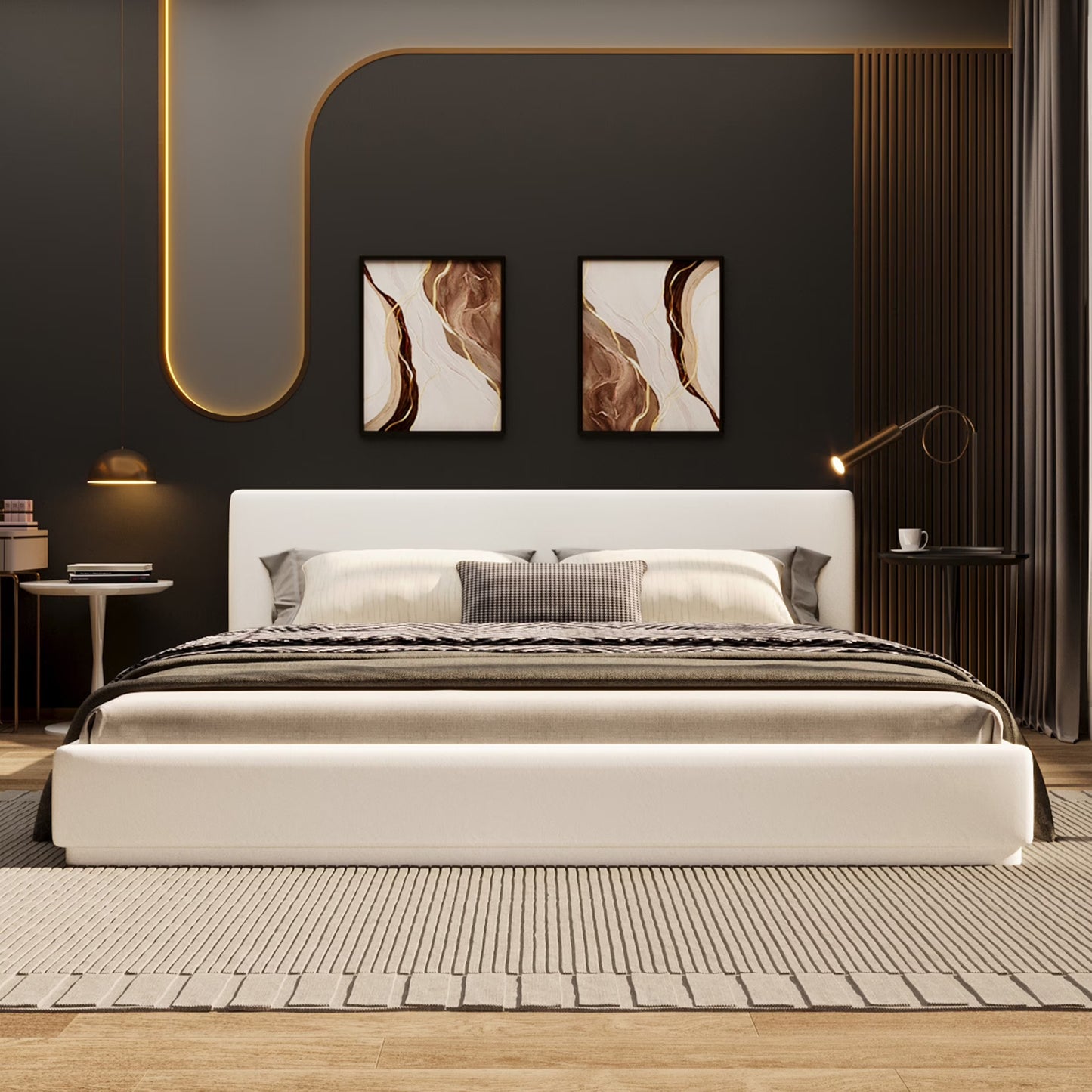 Christopher Knight Home Velvet Upholstered QueenBed, Solid Wood Platform Bed Frame, White