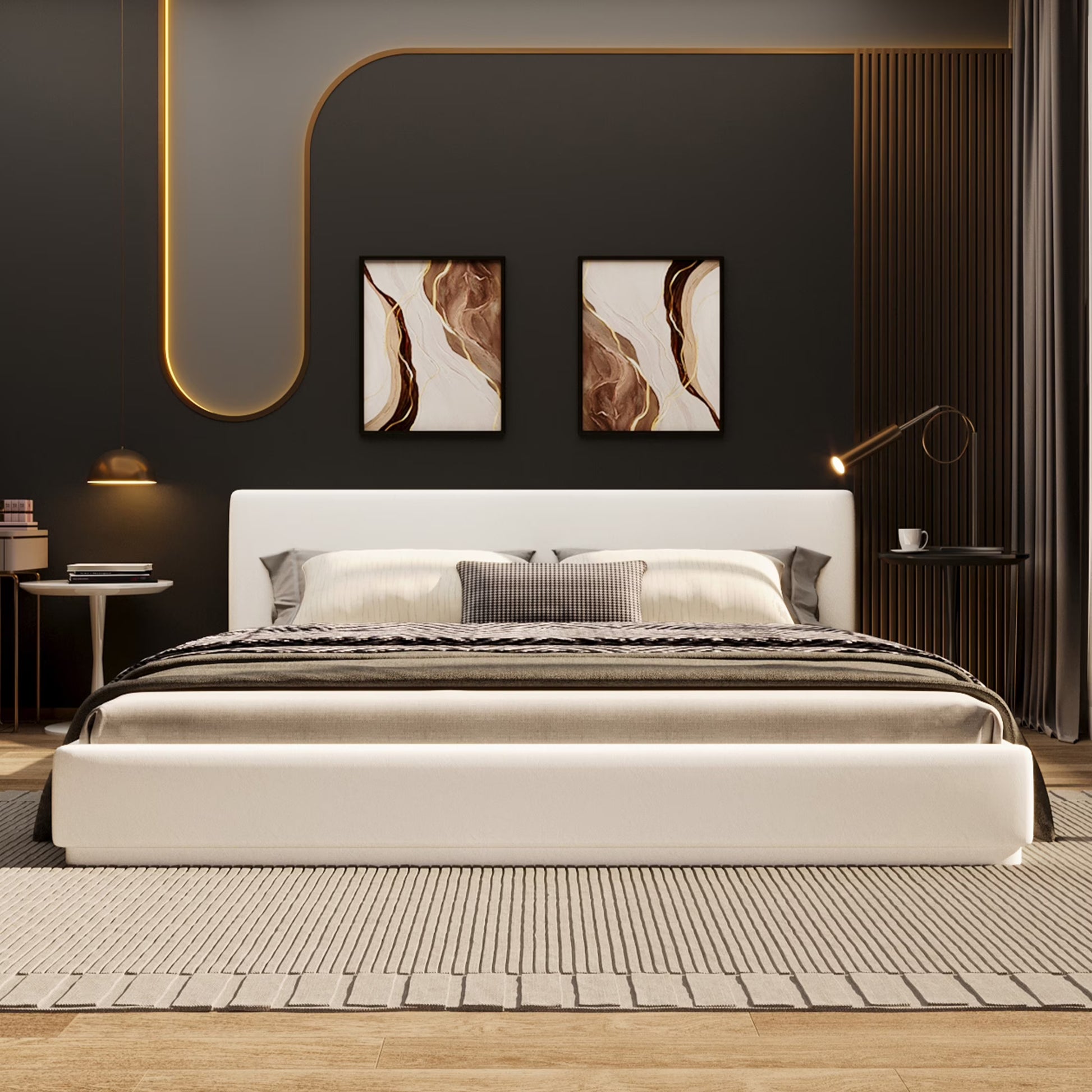 Christopher Knight Home Velvet Upholstered QueenBed, Solid Wood Platform Bed Frame, White