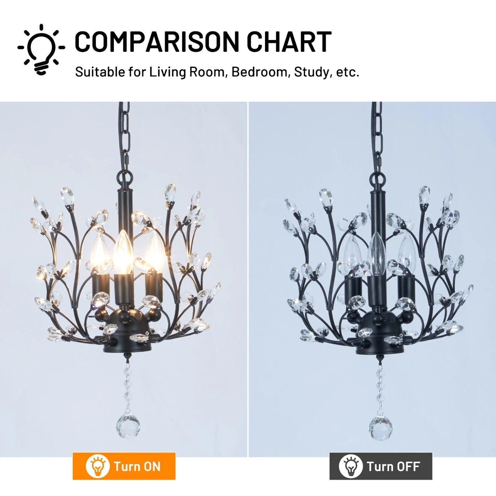 FINE MAKER 18-inch branch flower-shaped crystal chandelier, 3-head living room chandelier, bedroom study lighting fixture (black)