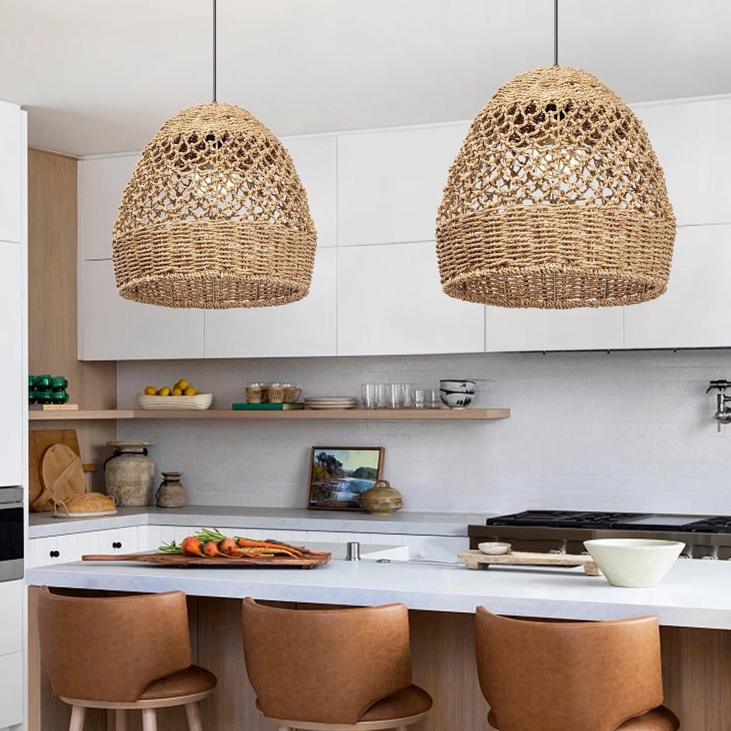 Arturesthome Creative Seagrass Pendant Lamp Rattan Lampshade Handmade Weave Lighting Modern Hanging Ceiling Light Fixture for Cafe Bar