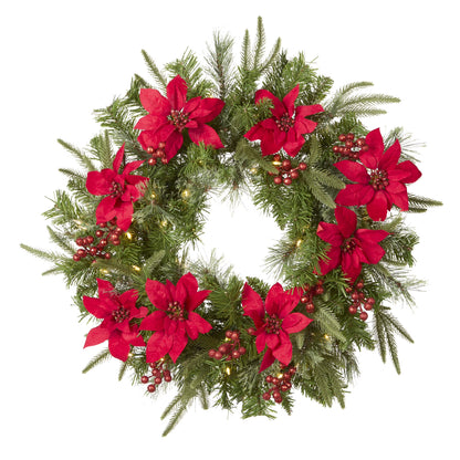 26 in. Pre-Lit Feel Real® Artificial Christmas Wreath, 70 Warm White LED Lights, Battery Operated