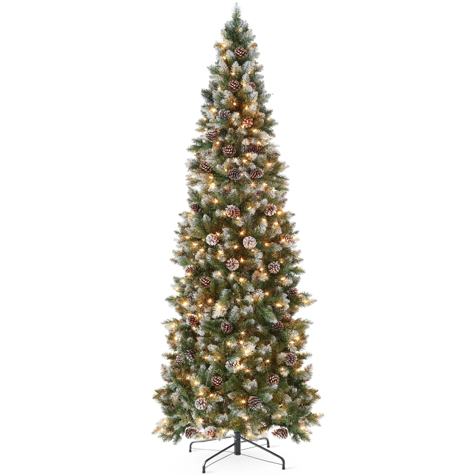 Best Choice Products 6ft Pre-Lit Partially Flocked Pencil Christmas Tree w/250 Lights, Pine Cones, Foldable Stand