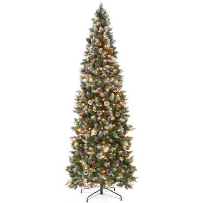 Best Choice Products 6ft Pre-Lit Partially Flocked Pencil Christmas Tree w/250 Lights, Pine Cones, Foldable Stand