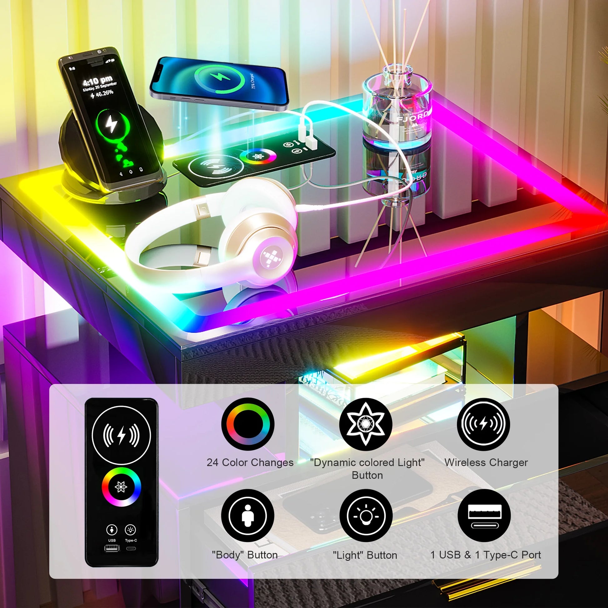HNEBC RGB LED Nightstand with Wireless Charging Station & USB Ports, High Gloss Smart Night Stand with Drawer and Dynamic Lighting, Modern Bedside Tables for Bedroom, End Table