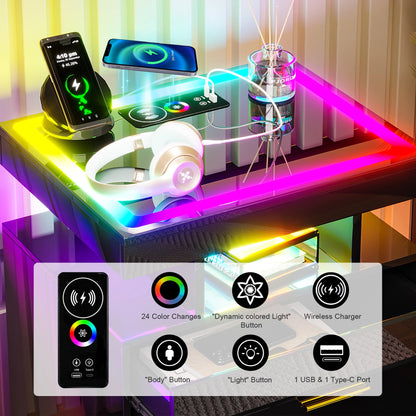 HNEBC RGB LED Nightstand with Wireless Charging Station & USB Ports, High Gloss Smart Night Stand with Drawer and Dynamic Lighting, Modern Bedside Tables for Bedroom, End Table