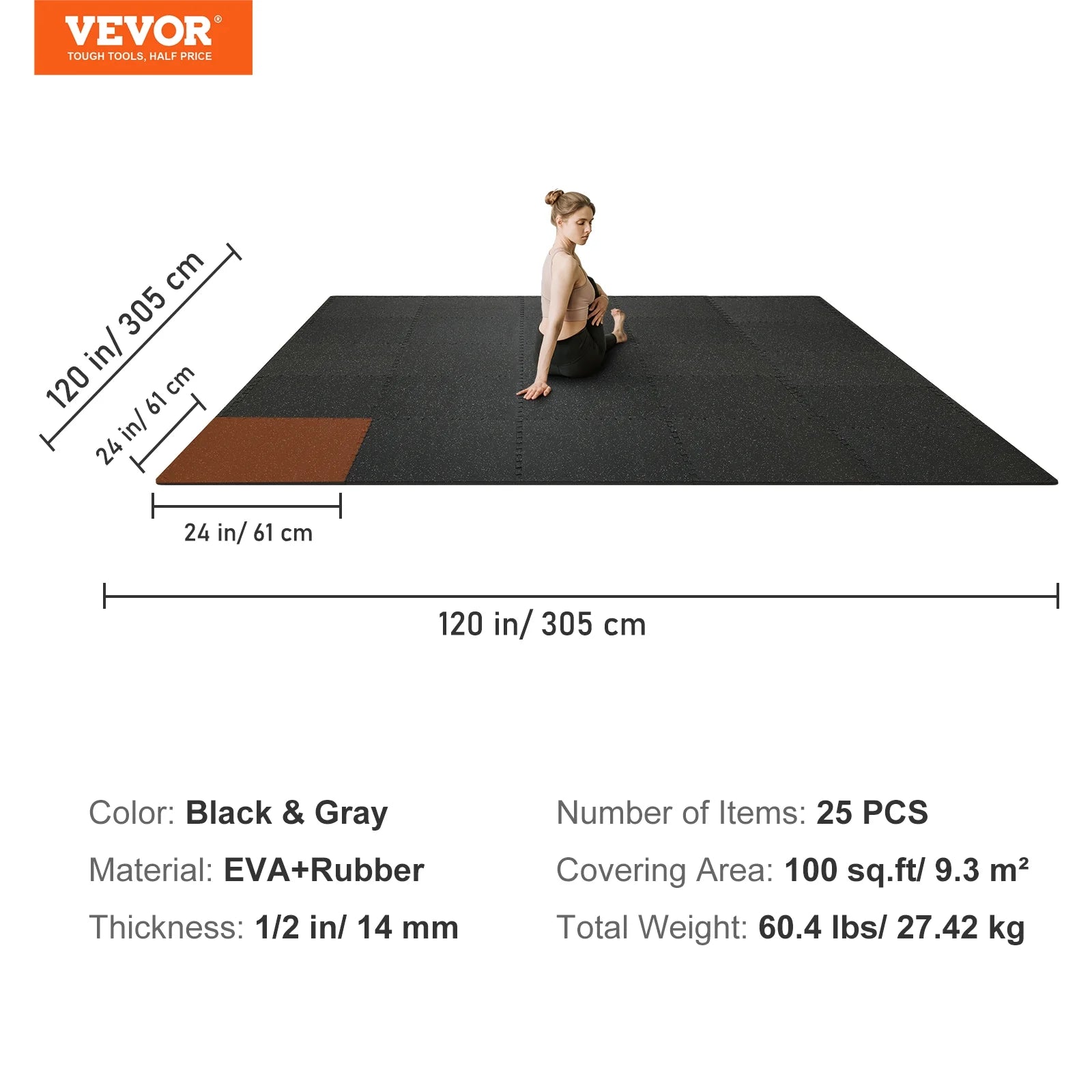 VEVOR 24" x 24" Black Gray EVA Foam Rubber Interlocking Floor Mats, 100 Sq ft Coverage Area 25 Piece