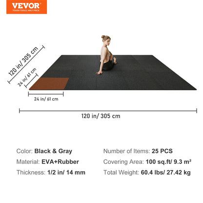 VEVOR 24" x 24" Black Gray EVA Foam Rubber Interlocking Floor Mats, 100 Sq ft Coverage Area 25 Piece