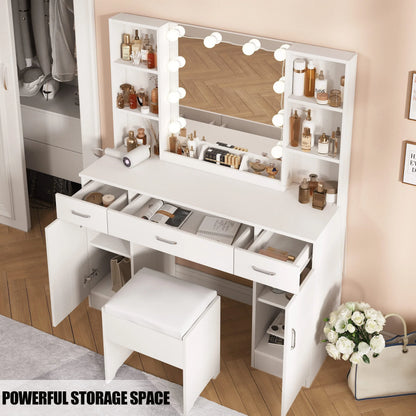 Veanerwood Large Makeup Vanity Set with Lights, White Bedroom Makeup Vanity Table with Storage, 3 Adjustable Lighting Colors, Modern, 45.2in