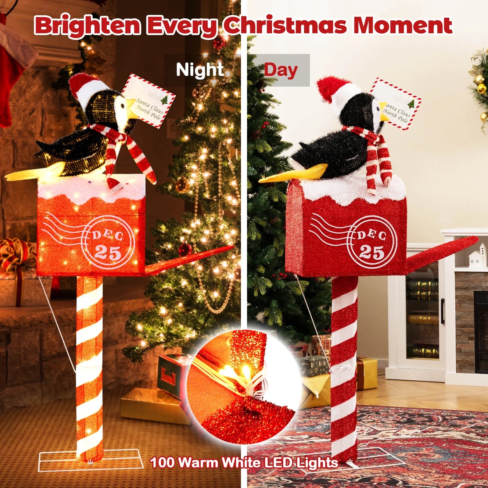 Costway 4.8 FT Christmas Lighted Penguin on Mailbox with 100 LED White Lights,Ground Stakes