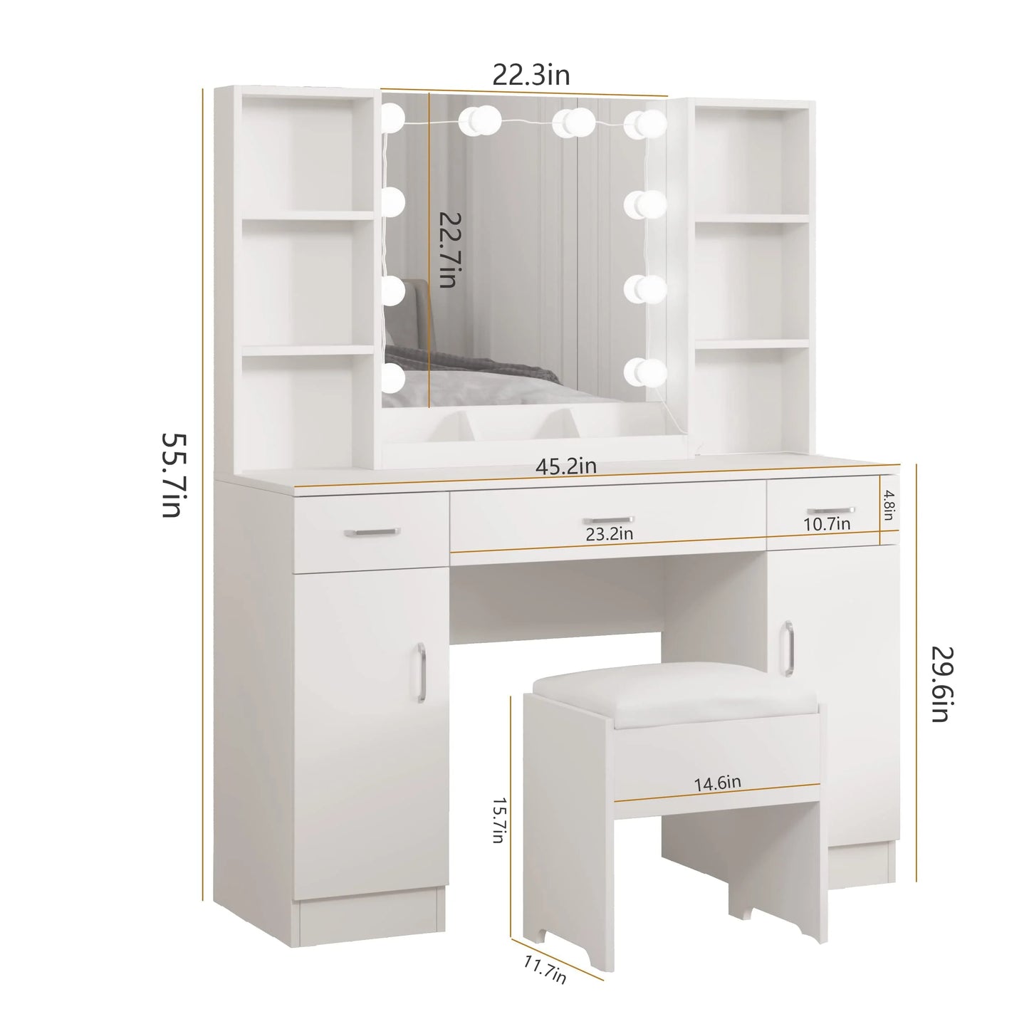 Veanerwood Large Makeup Vanity Set with Lights, White Bedroom Makeup Vanity Table with Storage, 3 Adjustable Lighting Colors, Modern, 45.2in
