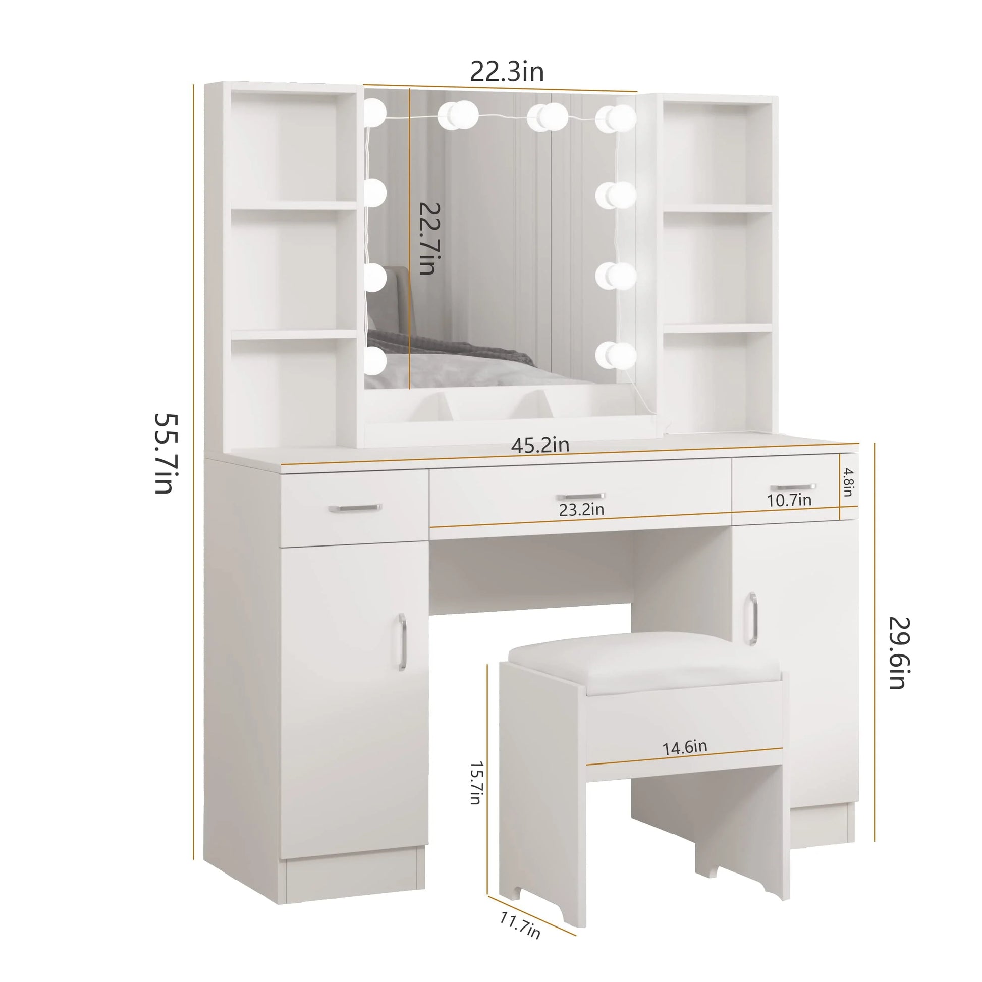Veanerwood Large Makeup Vanity Set with Lights, White Bedroom Makeup Vanity Table with Storage, 3 Adjustable Lighting Colors, Modern, 45.2in