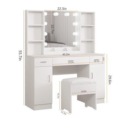 Veanerwood Large Makeup Vanity Set with Lights, White Bedroom Makeup Vanity Table with Storage, 3 Adjustable Lighting Colors, Modern, 45.2in